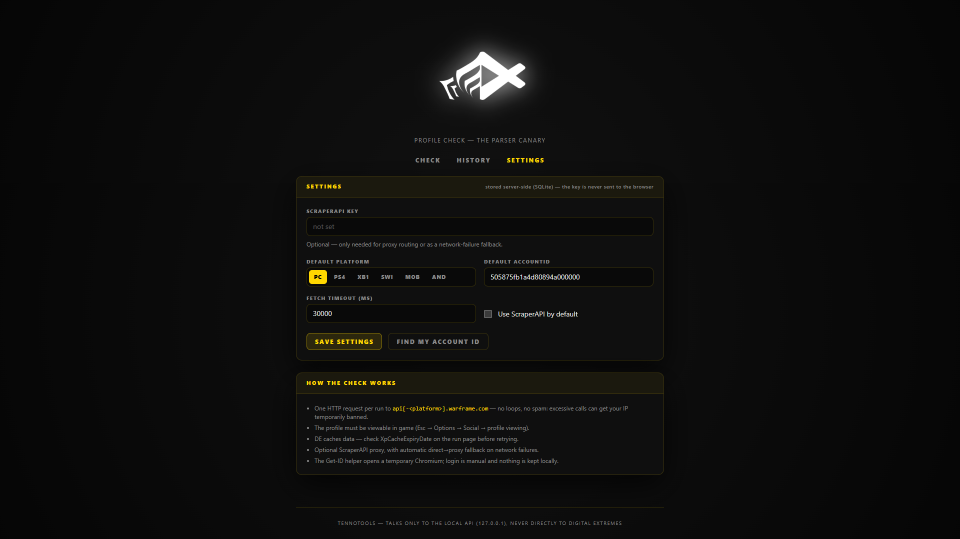 Settings page